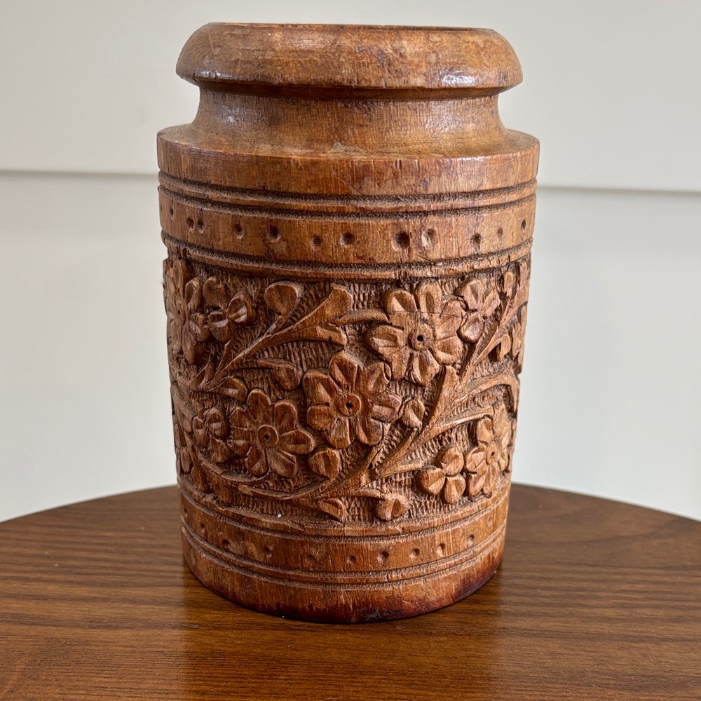 Hand Carved Floral Wooden Jar- Natural Brown